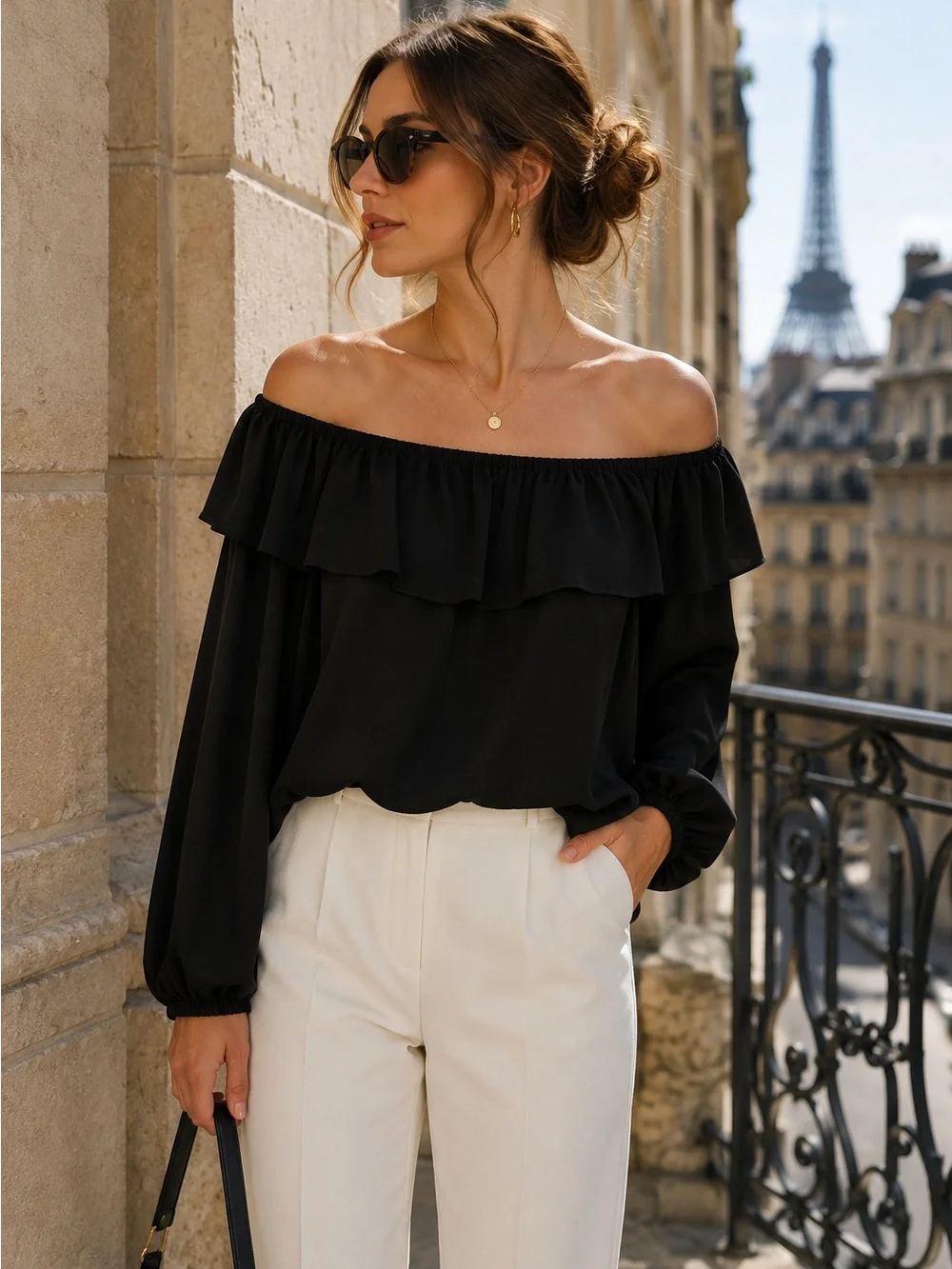 Michael Kors Black Off Shoulder Ruffle Blouse Long Sleeve Elastic Top Size L